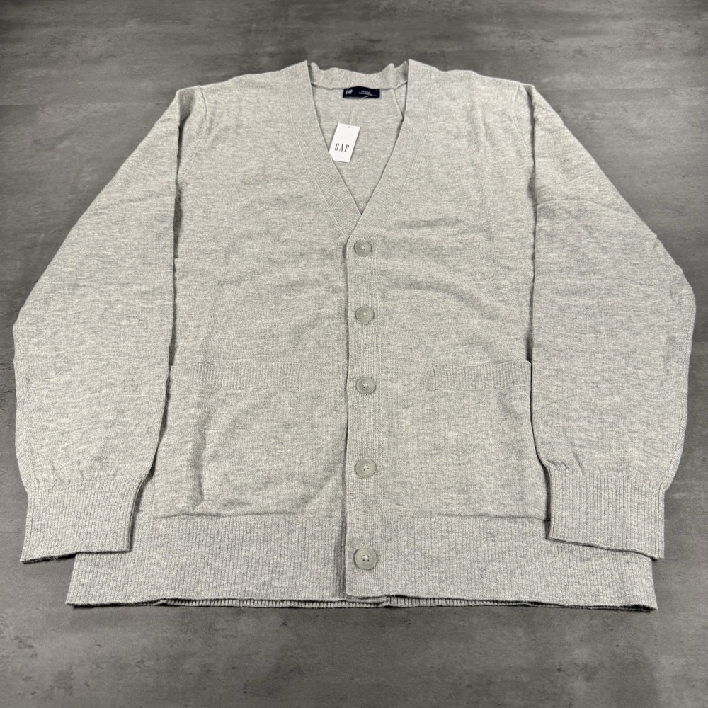 GAP‎ Cardigan Sweater Mens Medium Gray Classic Button Up CashSoft Cotton Blend
